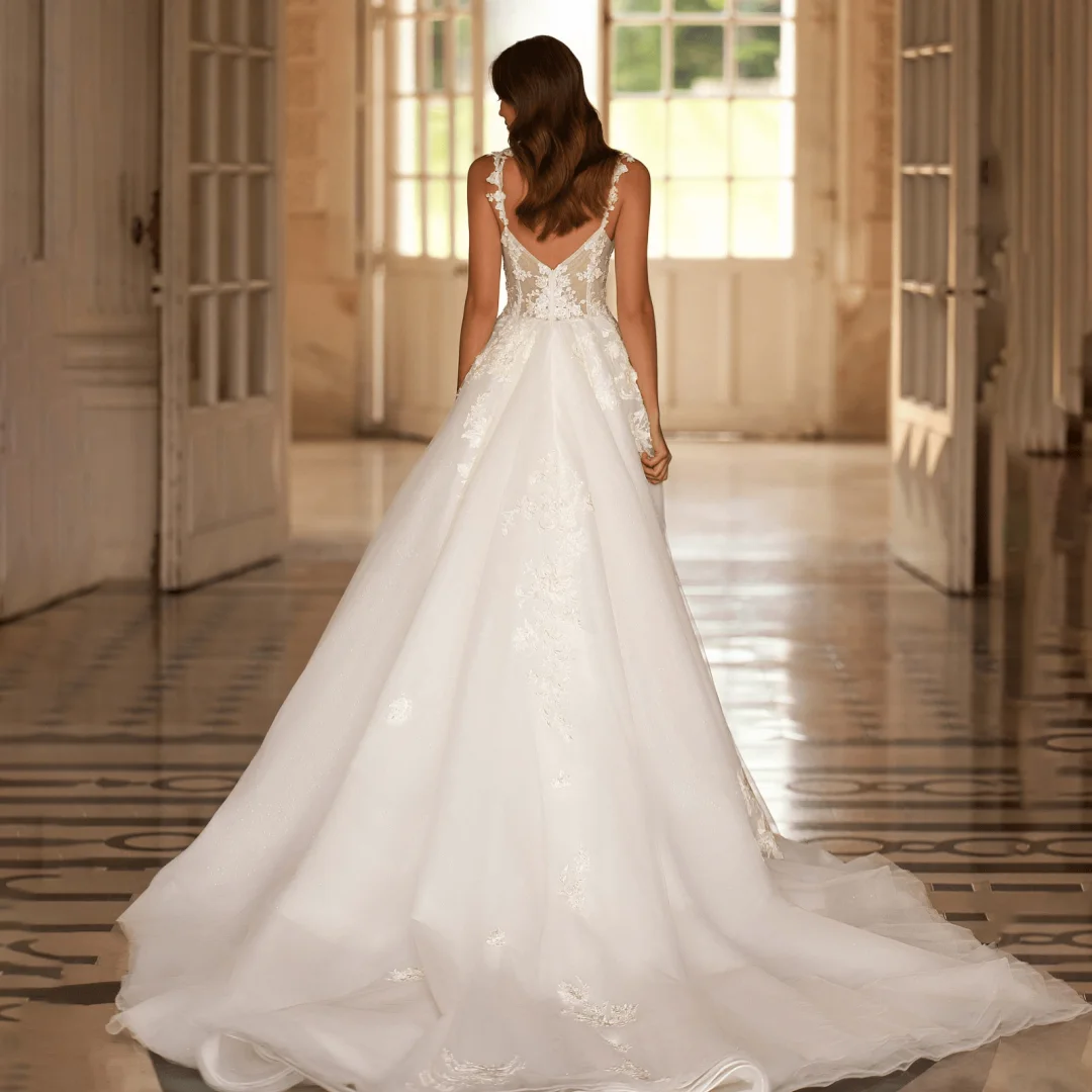 تول السباغيتي الأشرطة فساتين الزفاف الكلاسيكية يزين عارية الذراعين ألف خط بوهو رداء دي ماري المرأة الجنية الزواج فستان طويل