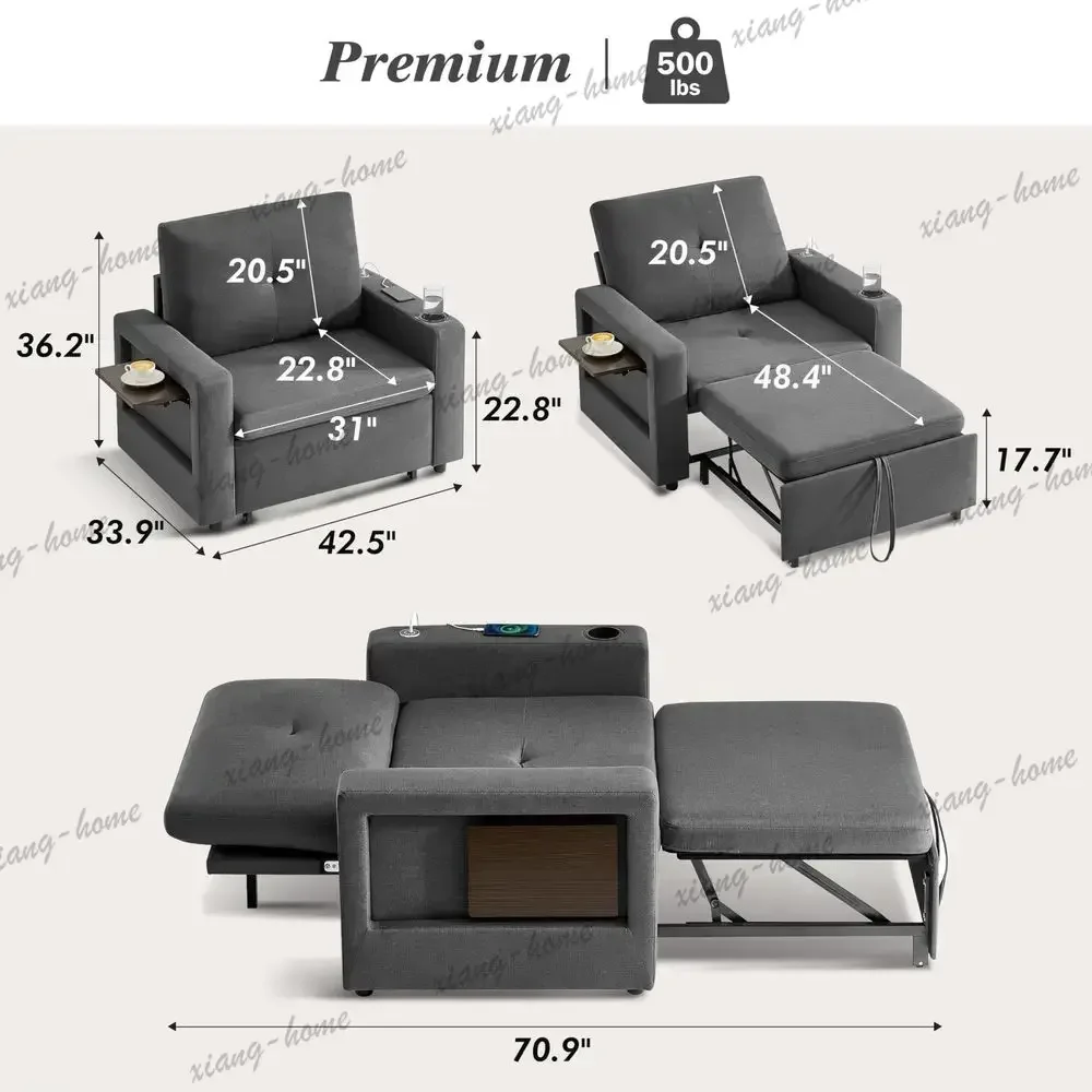 ls42.5 Sleeper Chair Bed, 3in1 Convertible Reclining Sofa Chair with Pull Out Couch Bed, Adjustable Backrest, Side Pockets, Cup