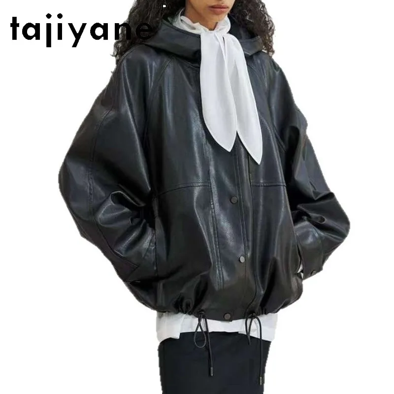 TAJIYANE Genuine Leather Jacket Women Hooded Oversized Jackets Vegetable Tanned Sheepskin Leather Coats Drawstring Hem Outwear