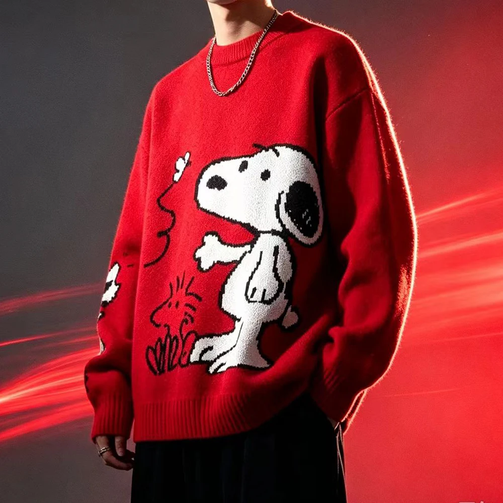 New Arrival Snoopy Peanuts Big Jacquard Knit Sweater Men Crew Neck Pullover Loose Oversized Fit Graphic Winter Casual Men Women