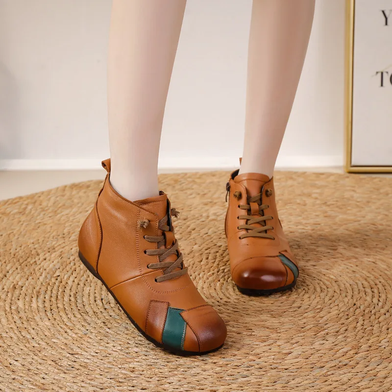 Winter New Flat Sole Short-Leg Women Boots Ethnic Style Genuine Leather Color Matching Warm Cotton Shoes for Woman Dance Shoes