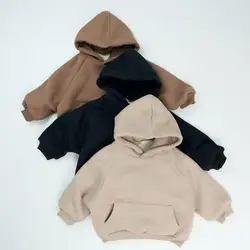 2025 Winter New Children Fleece Hooded Sweatshirt Solid Girls Plus Velvet Thick Pullover Tops Kids Boys Cotton Casual Hoodie