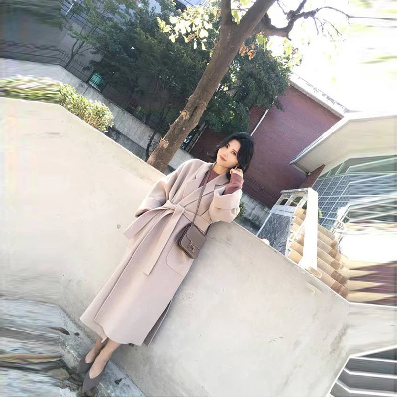 Women\'s Fashion Autumn/Winter New Slim Fit Waistband Flip Collar Woolen Coat