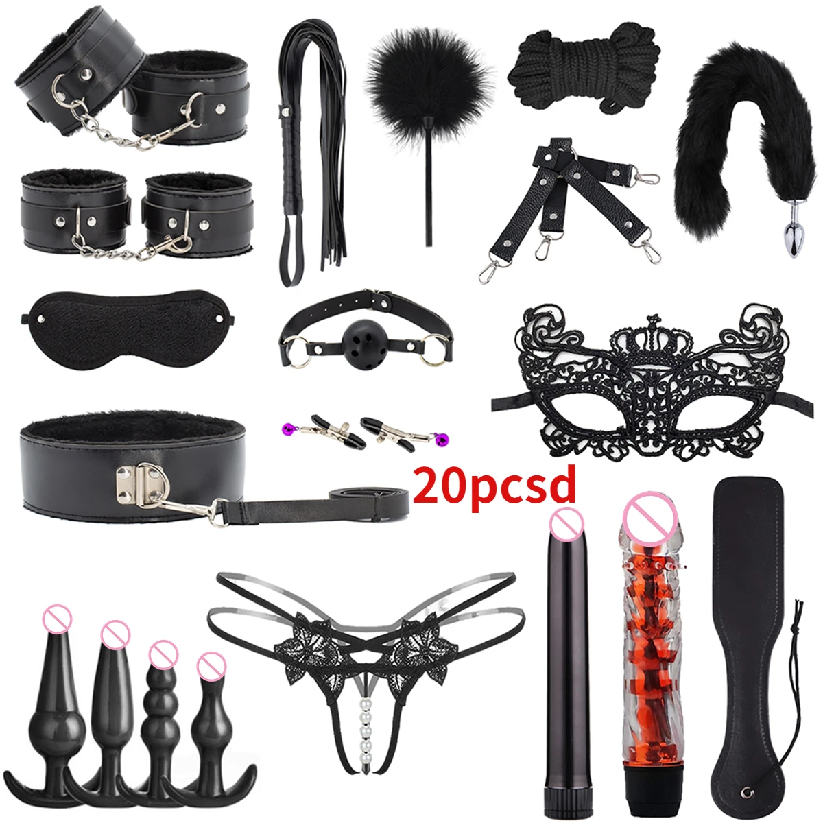 Brinquedos Sexuais BDSM: Kit de Bondage Erótico para Jogos na Cama, Algemas, Tornozeleiras, Chicote, Coleiras de Escravo, Pinças de Mamilo – Jogo Sexual para Casais