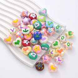 10Pcs Acrylic Round Heart Pentagram Beads Colorful Cartoon Pattern Beads For DIY Necklace Bracelet Phone Chain Jewelry Making