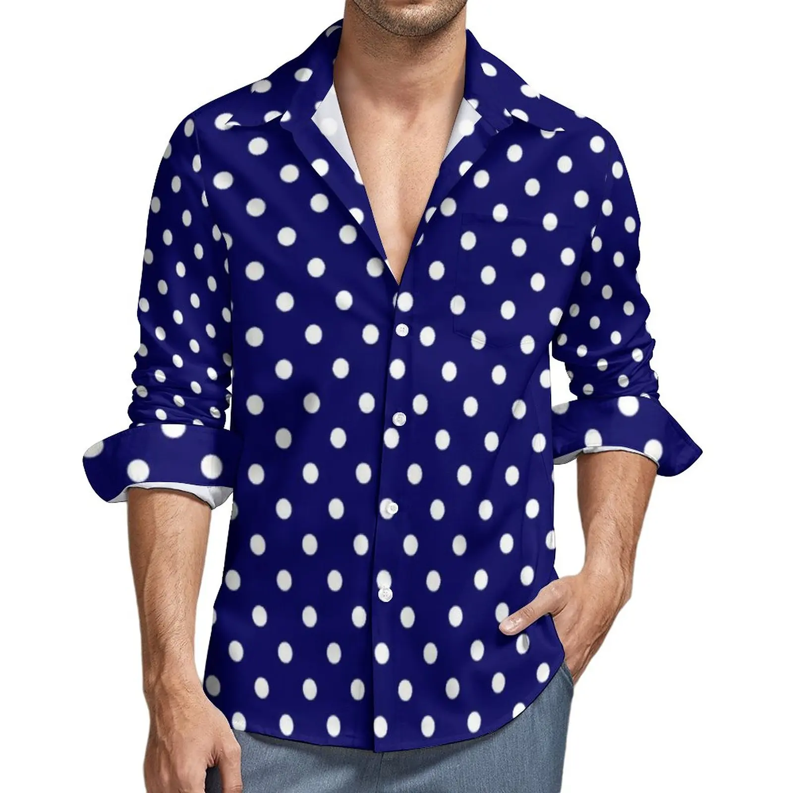 

Blue Polka Dots Shirt Autumn Vintage Polka Dot Casual Shirts Men Cool Blouses Long Sleeve Graphic Y2K Tops Plus Size