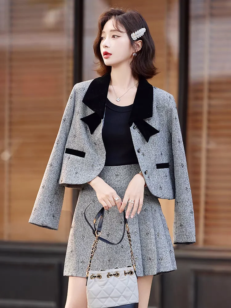 UNXX Bow-tie Spliced Jacket + Pleated Skirt Two-piece Set, Autumn Socialite Short Skirt Elegant Outfit High Quality Fashionable