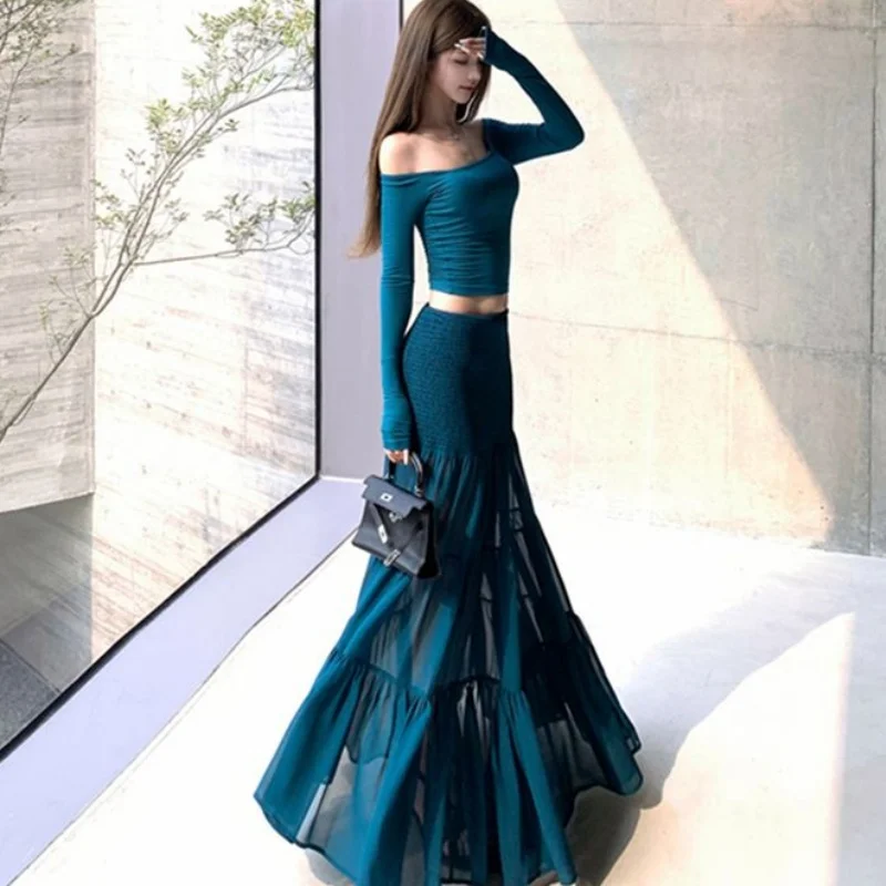 Damen Schlankes Langarm-Maxikleid, Blaues Einfarbiges Wickelkleid mit Rüschen und Tüll, Urlaubskleid für Frauen, Top & Langer Rock Set