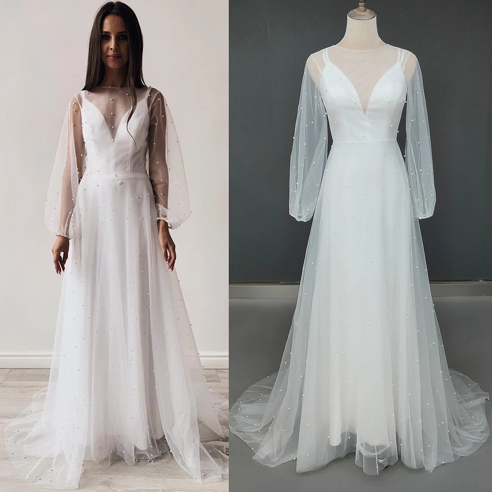 Two Pieces Transparent Tulle Pearl Wedding Gown A Line Custom Made Long Puff Sleeve Backless Bateau Real Photo Slip Bridal Dress