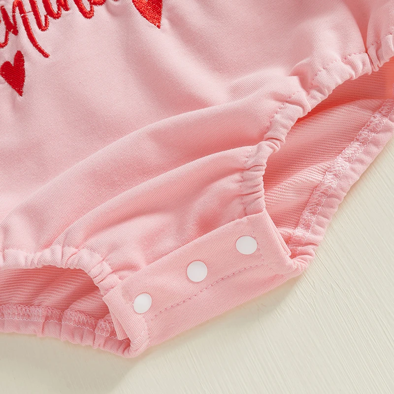 

Infant Valentine s Day with Heart Embroidery and Long Sleeves Crew Neck and Bubble Jumpsuit Design for Baby Girl