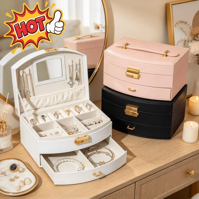 Large Capacity Handheld Multi Layer Drawer Jewelry Box, Storage Organizer Case for Rings Earrings Necklaces Home Vanity