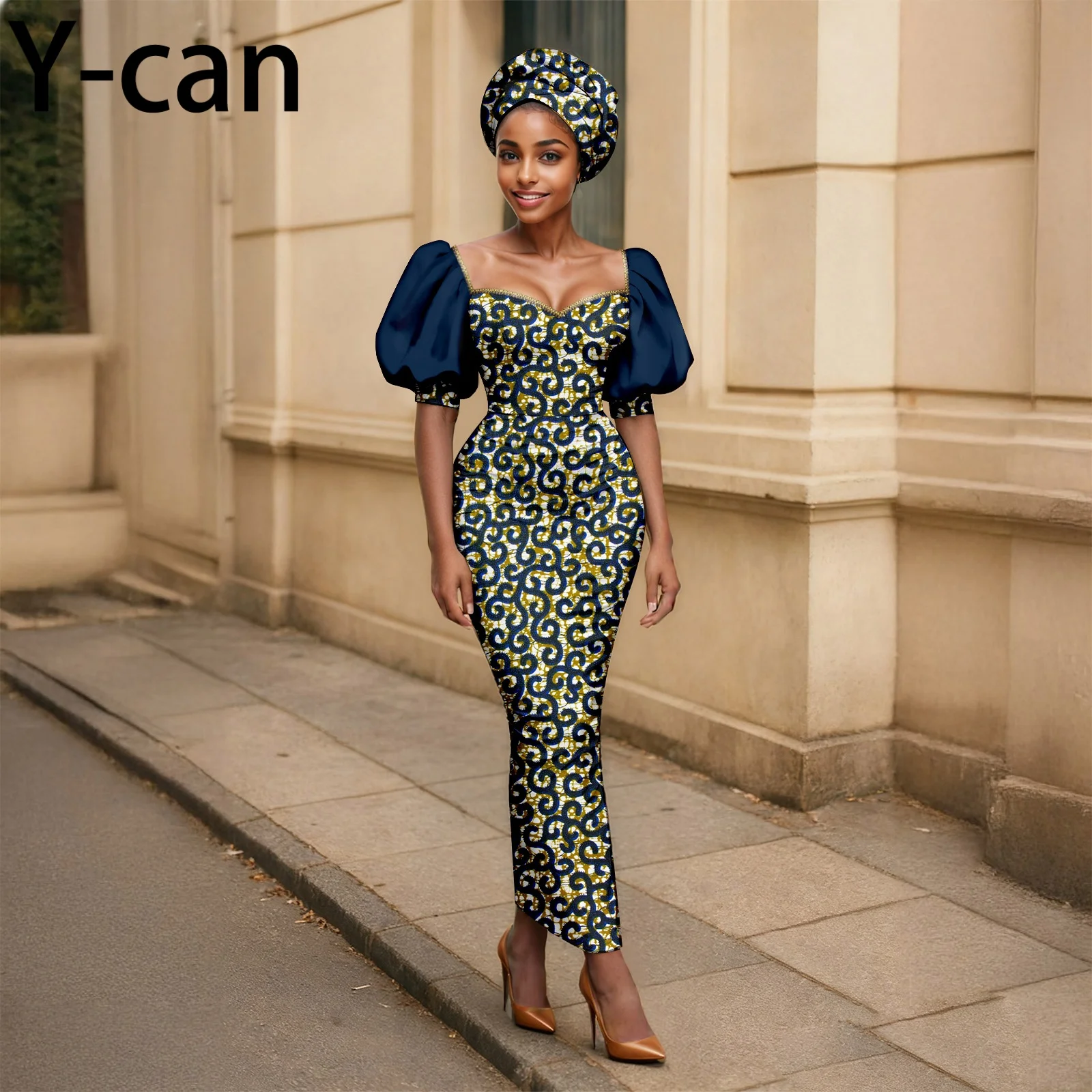 

Ankara Fashion Puff Sleeve Women Slim Fit Dress Patchwork dashiki ankara Print Vestidos With Headscarf Arican Style 2525180