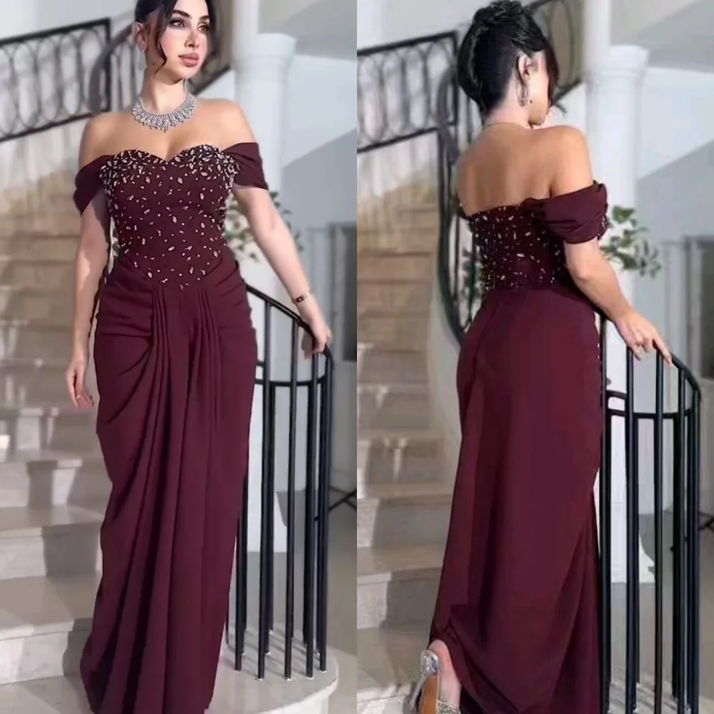 Personalizado simples chiffon lantejoulas miçangas em linha reta fora do ombro vestidos longos sob medida vestidos de ocasião intrincados