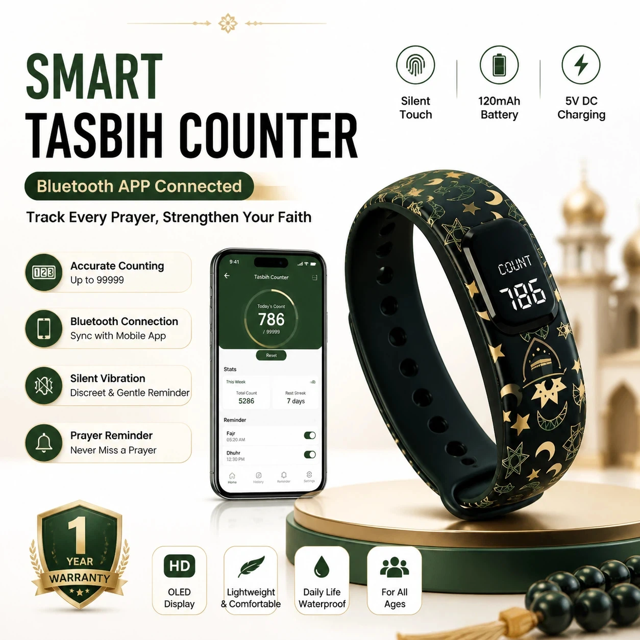

Smart Wearable Tasbih Counter Bluetooth APP Connected OLED Display Silent Touch 120mAh 5V DC Charging Prayer Reminder Wristband