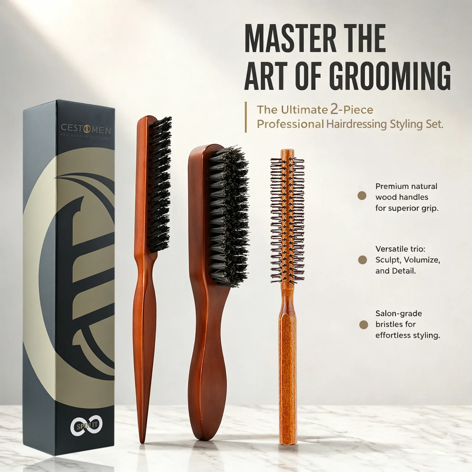 1/2Pcs Wooden Boar Bristle Hair Brush Oil Head Beard Brush Round Curling Comb Rat Tail Back Combing Salon & Home Styling Tools