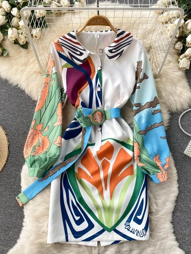 2023 Runway Design Irregular Cartoon Printing Long Sleeves Peter Pan Collar Buttons Sashes Split Bud Short Dress Vestidos