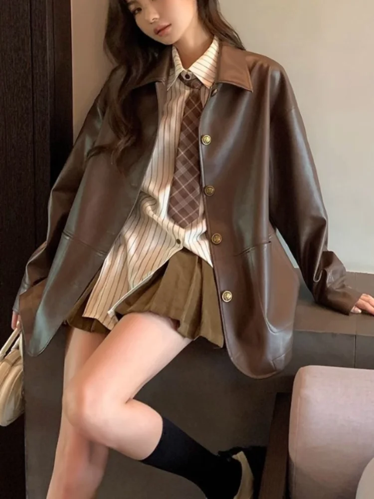 2023 Autumn Leather Coat Loose High Street Aviator Leather Jacket WomanPunk Fashion Brown Leather Jacket Women Streetwear Zipper