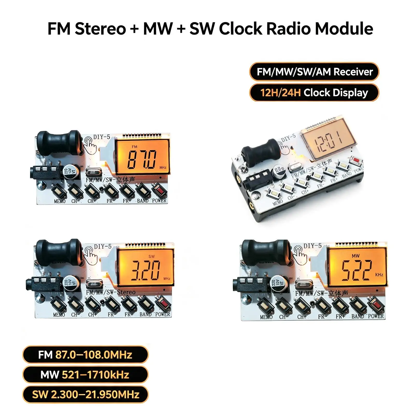 AM FM SW MW Radio Receiver Module LCD Display Frequency Time 4-Band Shortwave Medium Wave Radio SW Antenna Broadcast Receiving