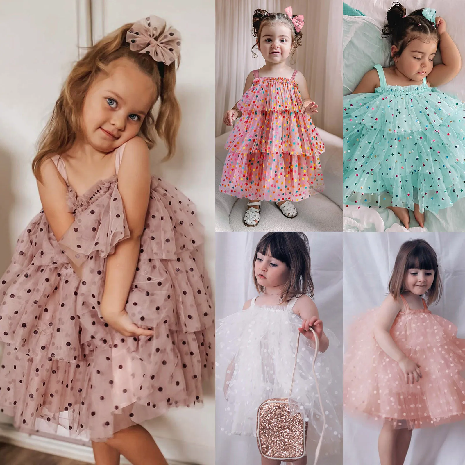 Little Girl Christmas Dress Dot Print Square Neck Sleeveless Layered Tulle Dress Holiday Party Costume Christmas Hairband 1-6T