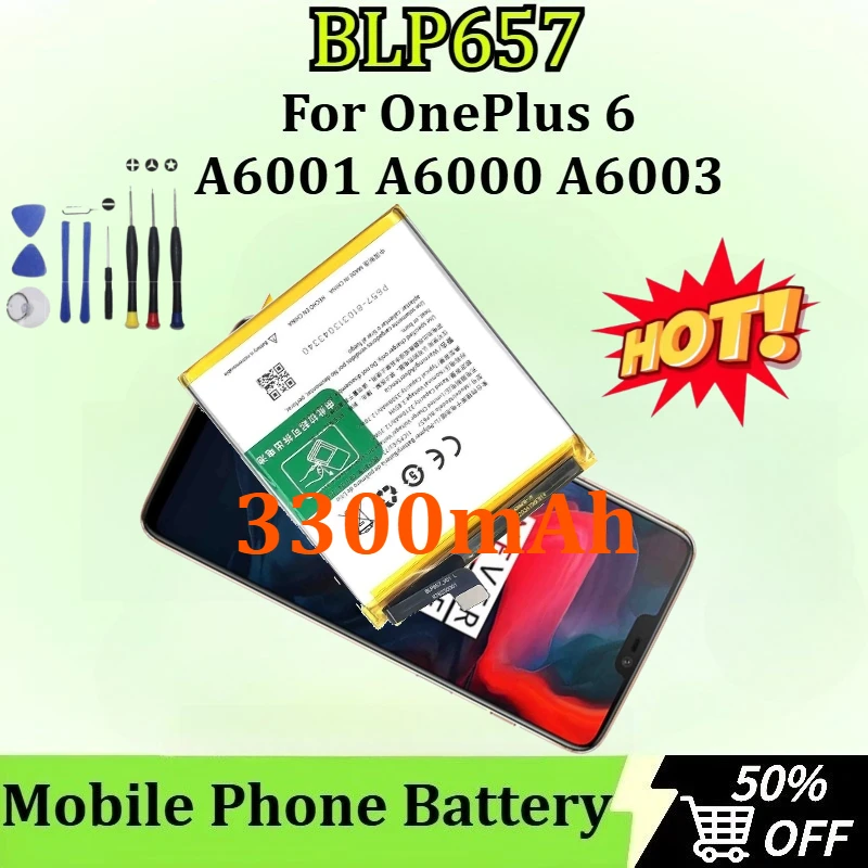 

New High Quality BLP657 3300mAh Mobile Phone Battery for OnePlus1+6 6 A6001 A6003 A6000 Replacement Batteries + Tools