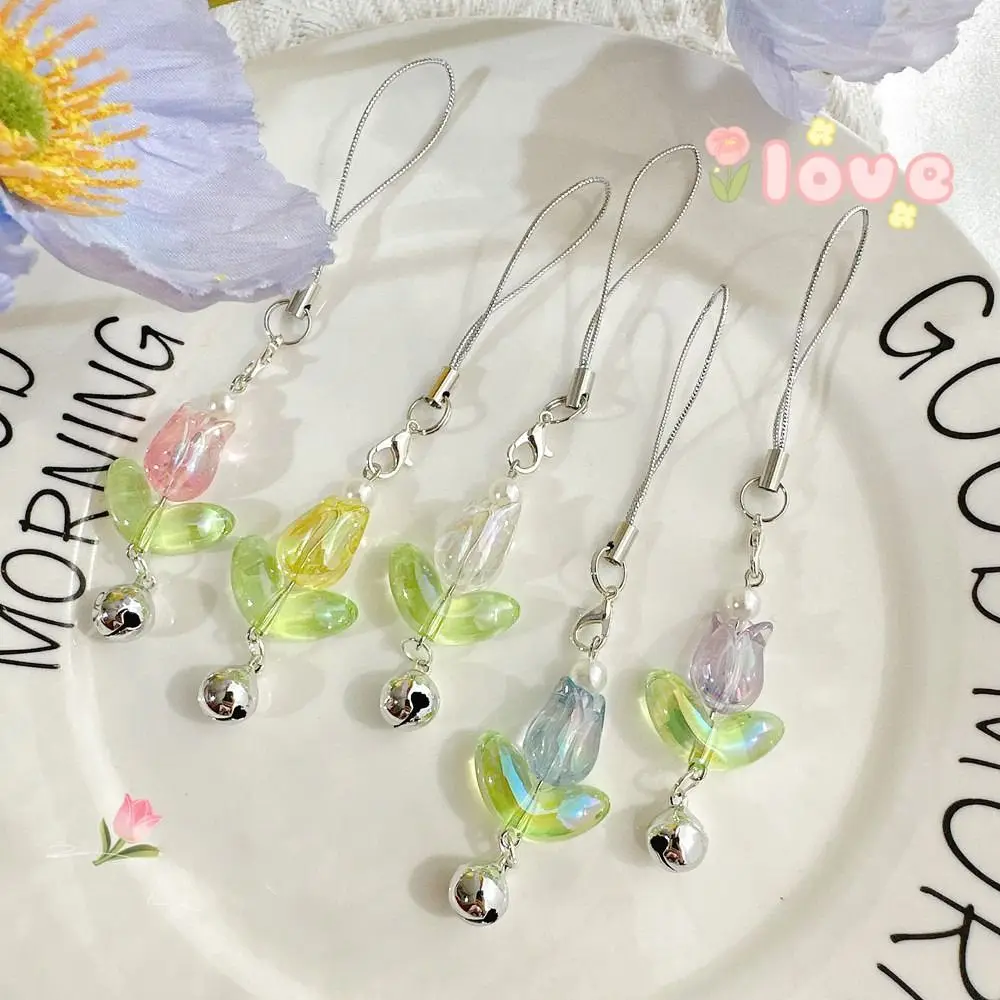 

Hanging Cord Flowers Tulip Phone Charm Beaded Handmade Mobile Phone Lanyards Acrylic Lovely Phone Chains Girl Women