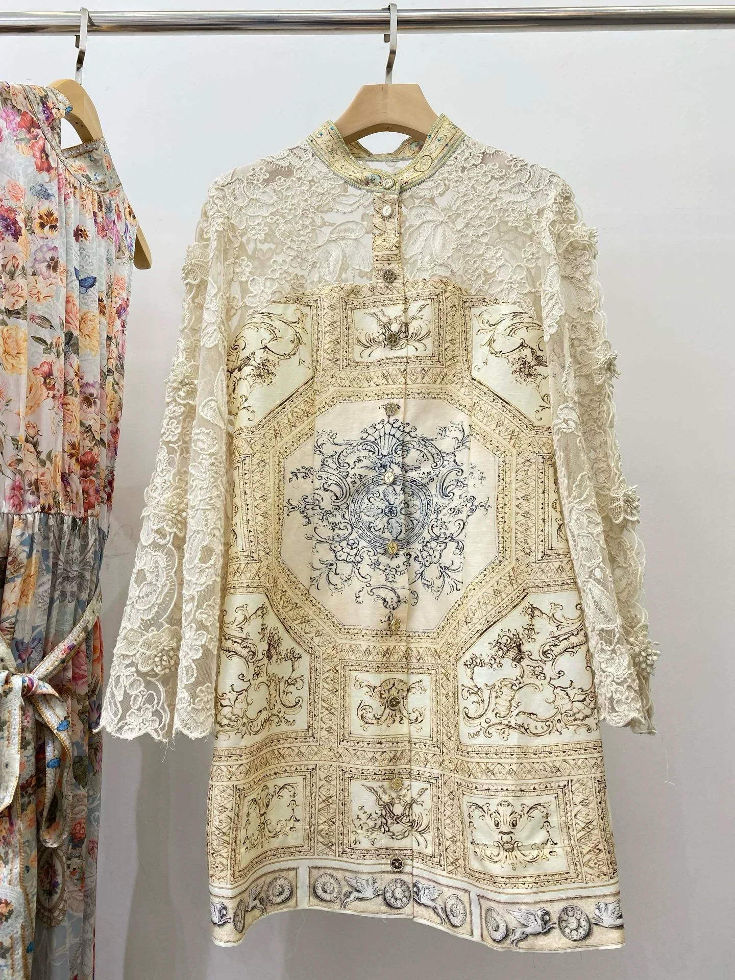 Women Lace Embroidery Vintage Shirt Dress Single Breasted Long Sleeve Stand Collar Elegant Female Linen Silk Mini Robe