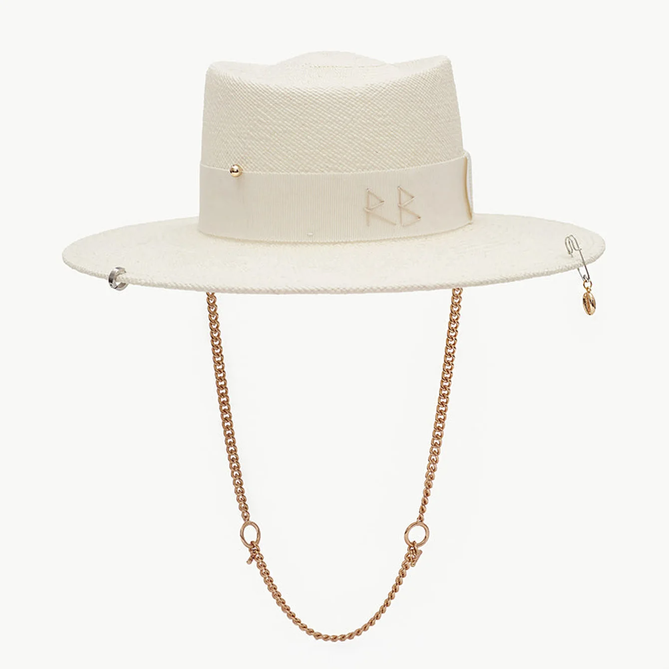 Women Wide Brim Straw Fedora Hat Gold Chain Decor Elegant Woven Sun Hat for Summer Vacation Beach Party Travel