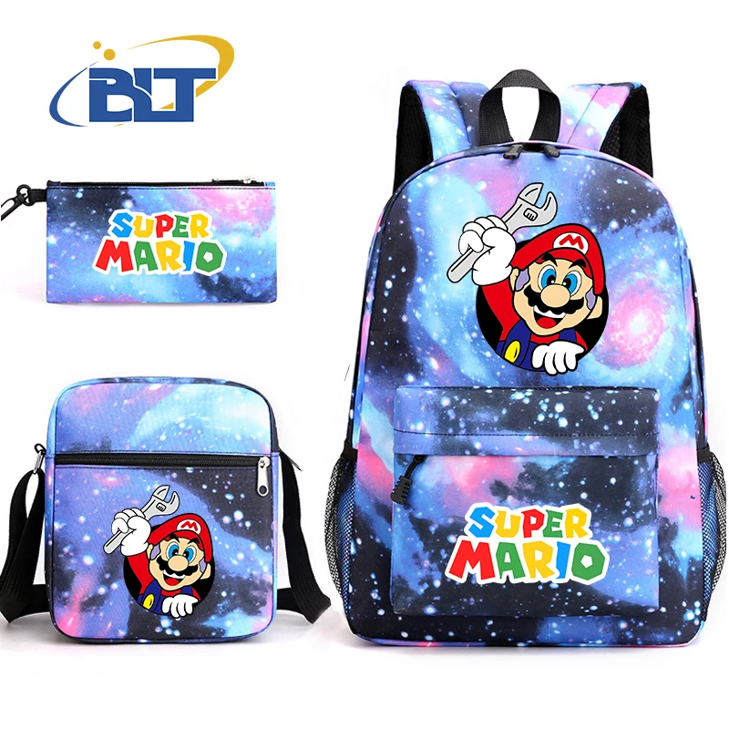 MINISO Mario printed student school bag set Children's shoulder bag pencil bag backpack 3-piece set