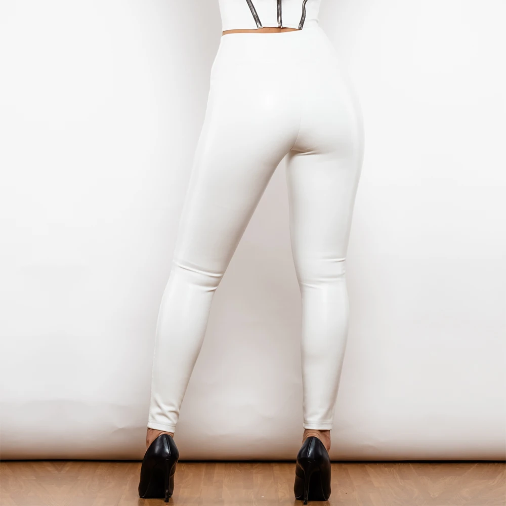 Shascullfites melodia regular v forma legging de couro branco fino ajuste em forma de leggings de couro falso para mulher