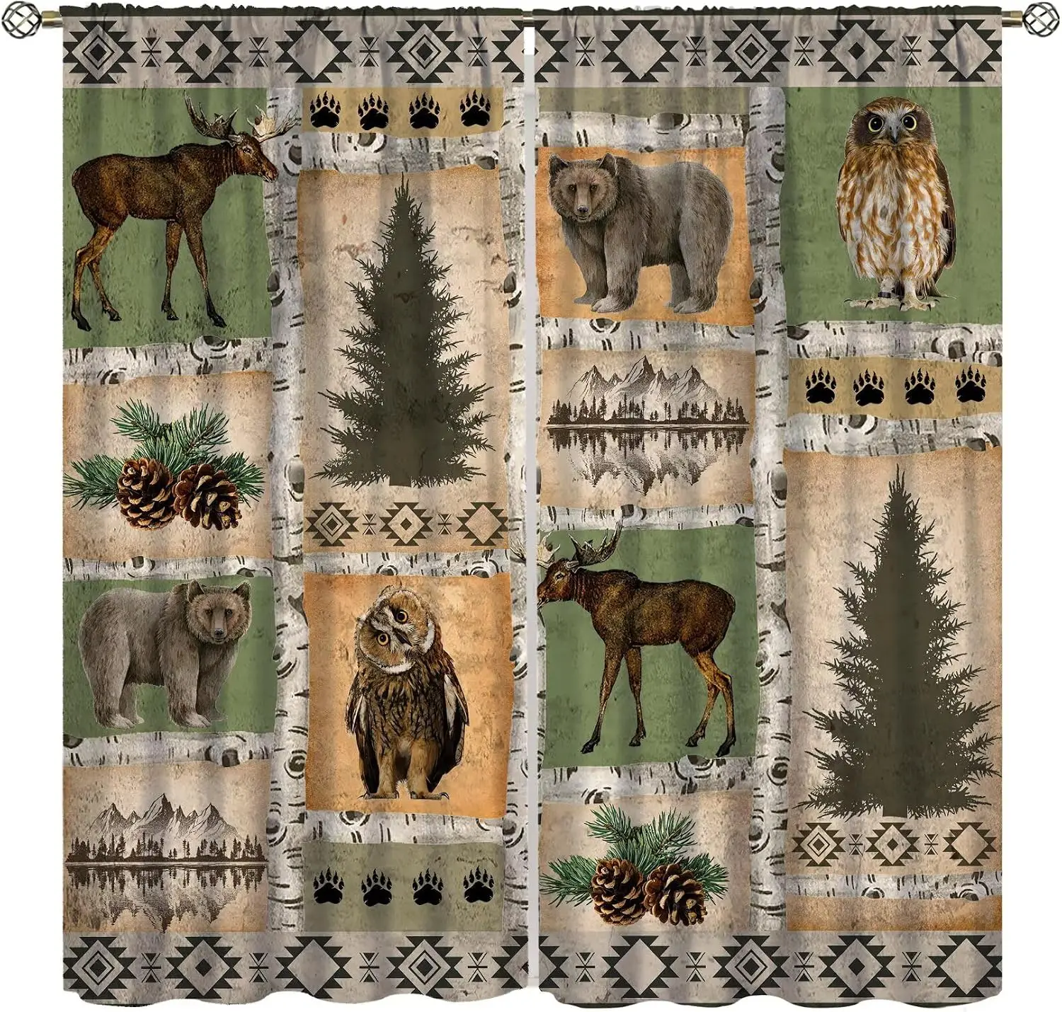 Rustic Lodge Curtain Panels, Patchwork Moose Bear Owl Pine Cone Mountain Tribal Print Drapes for Bedroom Window Home Decor