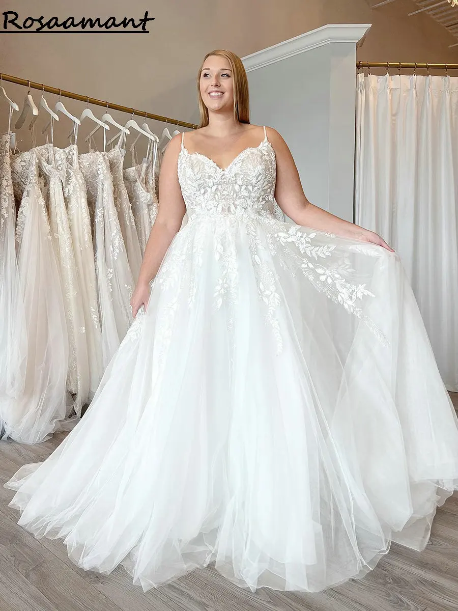 Plus Size 3D Appliques pizzo a-line abiti da sposa senza spalline senza maniche abiti da sposa