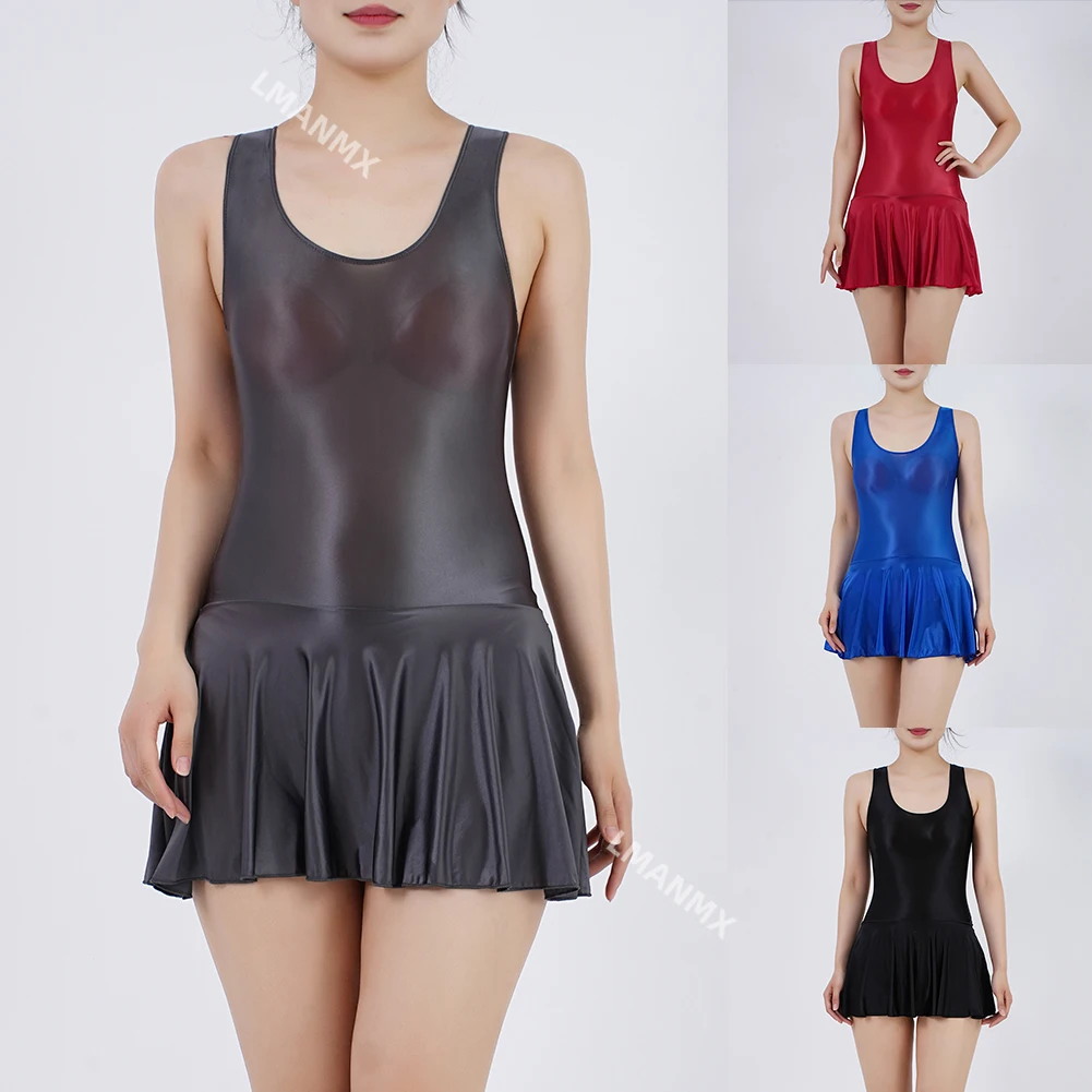 נשים נשים בגדי ים בגד ים שמן מבריק, בגד גוף ללא שרוולים בגד גוף בגד גוף שרודף חצאית סקסית ללא שרוולים