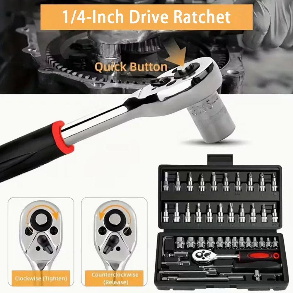 46pcs Drive Socket Set Ratchet Wrench Set With Sockets Metric Hex Bit Socket Set Multi-Functional Automotive Tools Box Kit Set