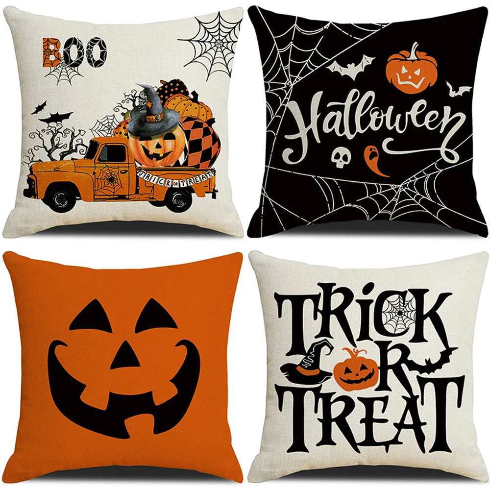 

4PCS Halloween Decor Pillow Cases 45x45 Cushion Covers Funny Pumpkin Ghosts Black Cat Print Home Sofa Pillow Cover Decorations