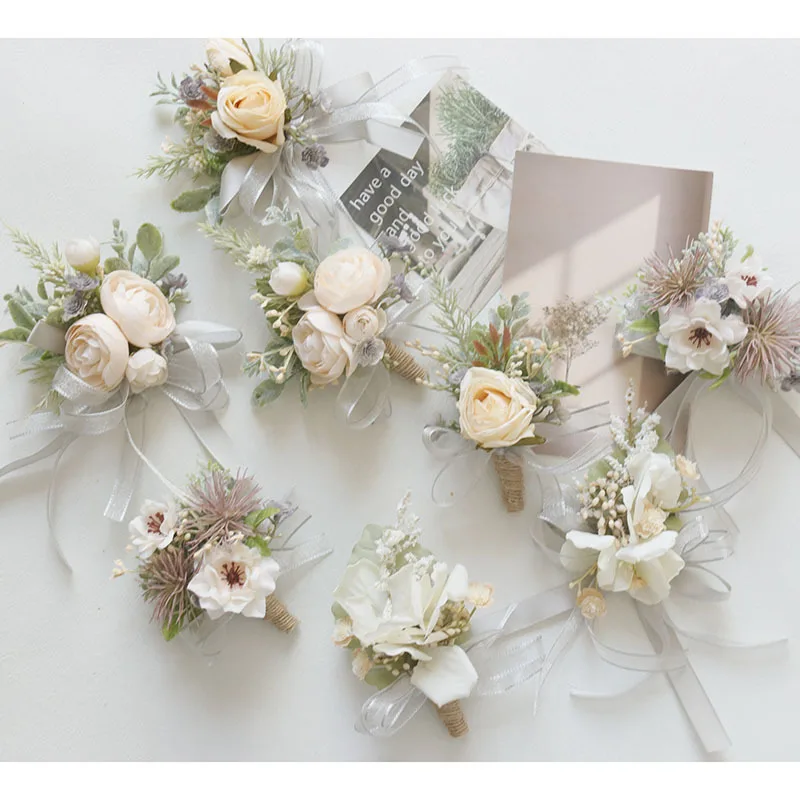 

Boutonniere And Wrist Corsage Wedding Photo Studio Props Silent Style Mori Style Banquet Guests Gray And White Series