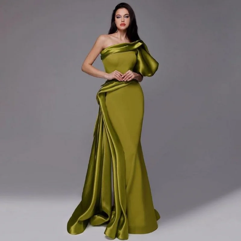 Luxury Women Dresses Half Sleeves Olive Green Mermaid Prom Party Gowns Pretty Formal Dress Ruffle One Shoulder Custom Made