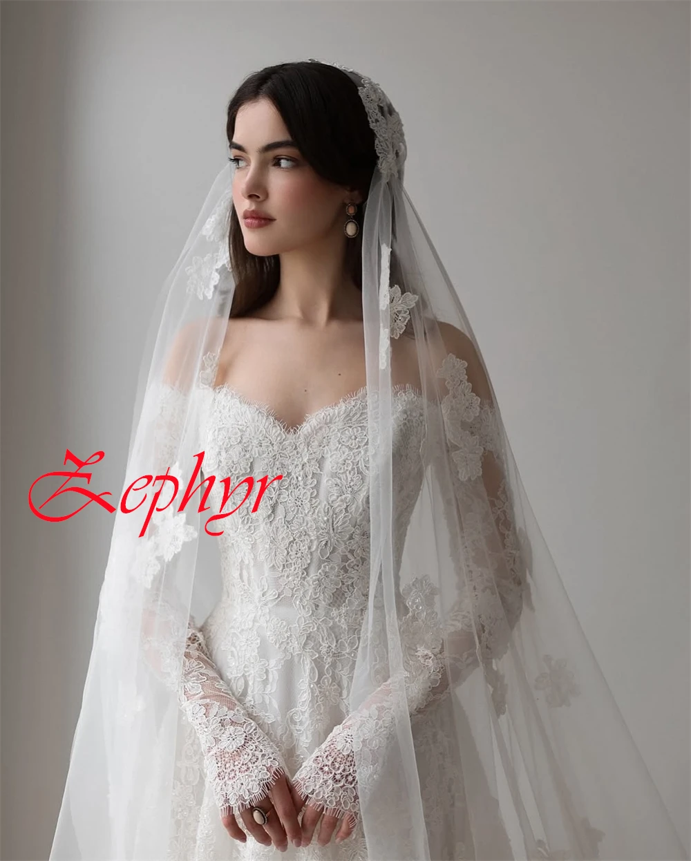 Robe de mariée en dentelle blanche exquise personnalisée, élégante, sans bretelles, manches longues, traîne chapelle, dos nu, avec des Appliques