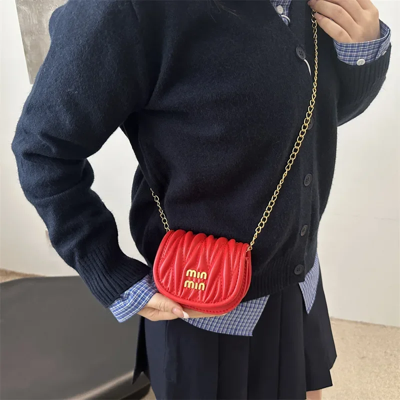 

Pleated Bowling Women's Bag Mini Korean Letter Trend Fashion Chain Shoulder Crossbody Bag Cute Girl Coin Purse Lipstick Bag