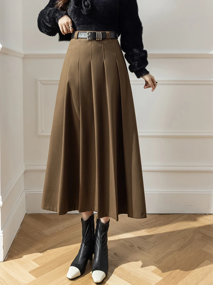 Vintage High Waist Pleated Wool Skirt Woman Elegant Korean Winter Long Maxi Skirts For Women Belt Black Brown Gray Jupe Femme