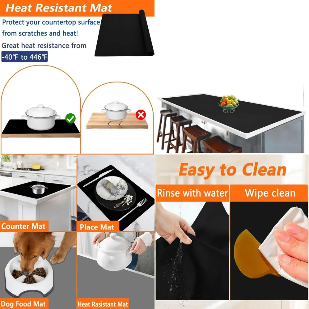 

Large Silicone Kitchen Mat, Heat Resistant, Non-Slip, Waterproof, Easy Clean, Black