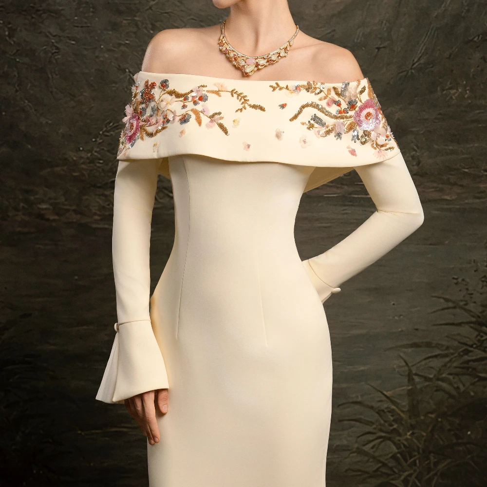 Exquisite Appliques Prom Gowns Jersey A-line Sweep Train Off The Shoulder Long Sleeve Evening Desses Customized Party Dress New