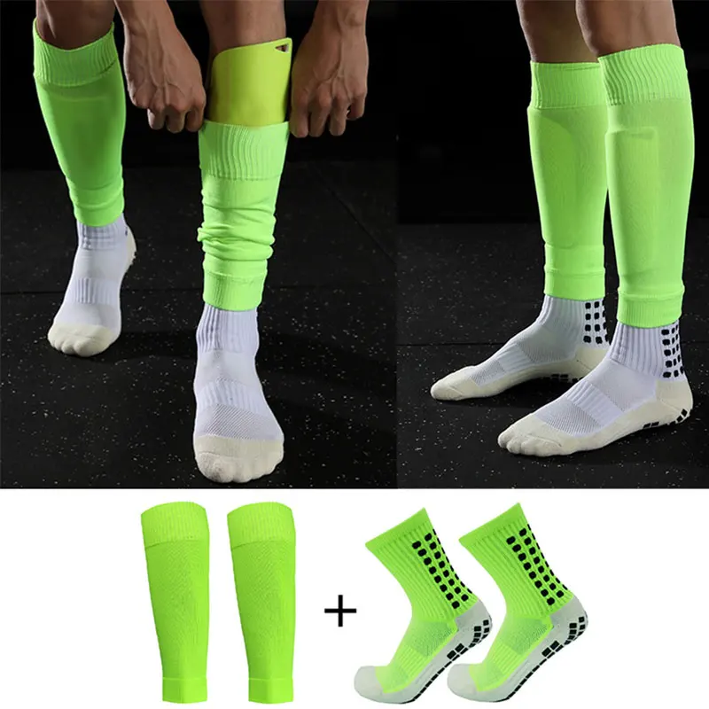 Juego de 2 pares de calcetines y rodilleras de fútbol para hombre, mangas hasta la pantorrilla, espinilleras antideslizantes para adultos y jóvenes