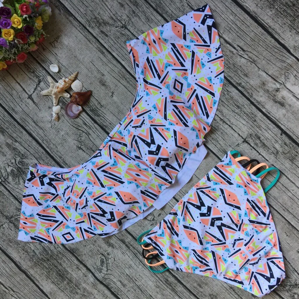 202Printed one-line Shoulder Flanged two-piece Swimsuit, Stylish Women\'s two-piece swimsuit, summer beach resort pool bright new