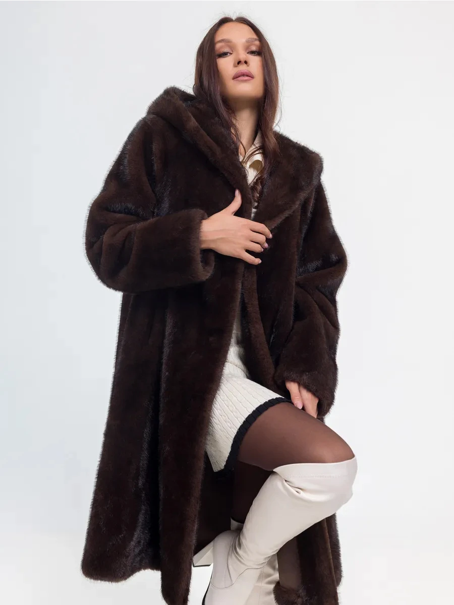 Women's Long Hooded Faux Fur Coat Dark Brown Fluffy Plush Oversized Winter Warm Thick Jacket Elegant Luxe Chic Outerwear