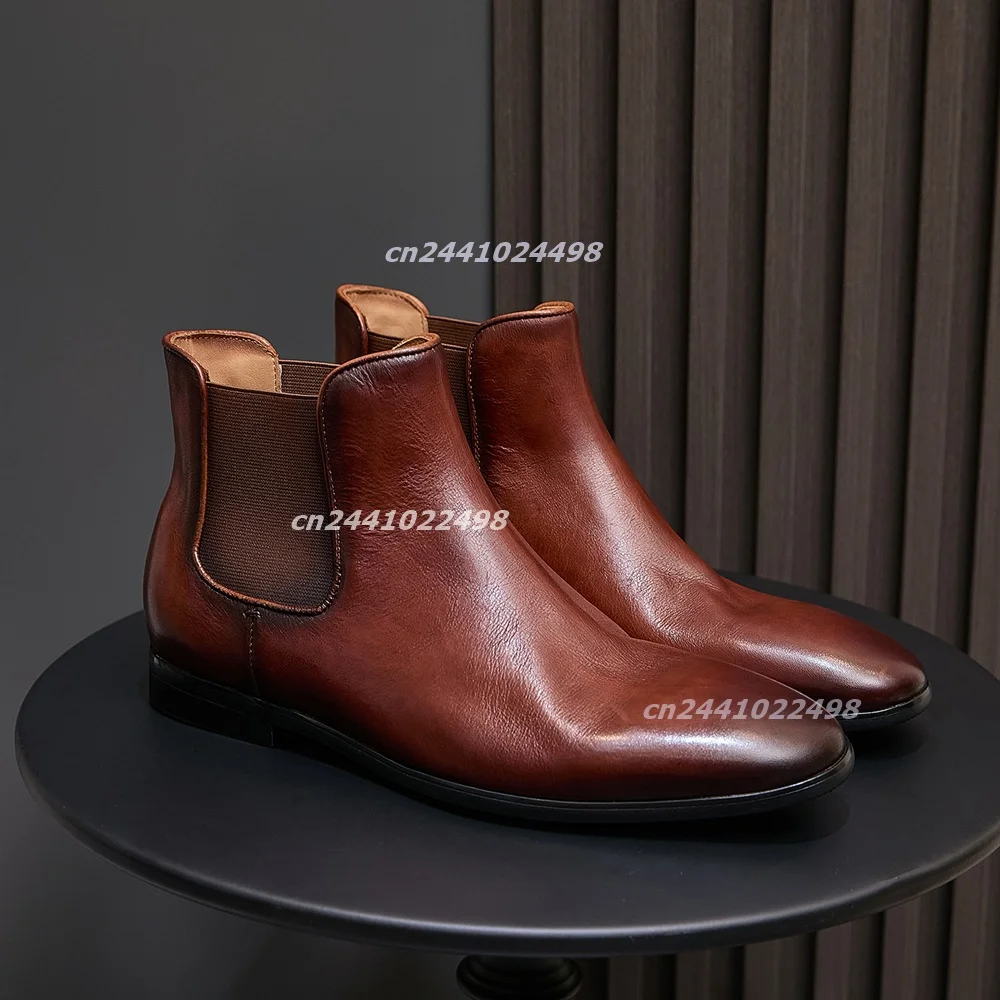 Men's Vintage Brown Chelsea Ankle Boots Handcrafted Matte Leather Slip On Boots with Elastic Band Almond Toe Low Heel Dress Shoe