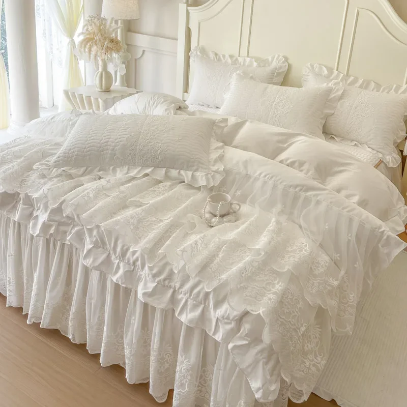 4/6Pcs Princess Wedding Bedding Set 600TC Egyptian Cotton Double Layer Lace Ruffles Duvet Cover Bed Skirt Bedspread Pillowcases