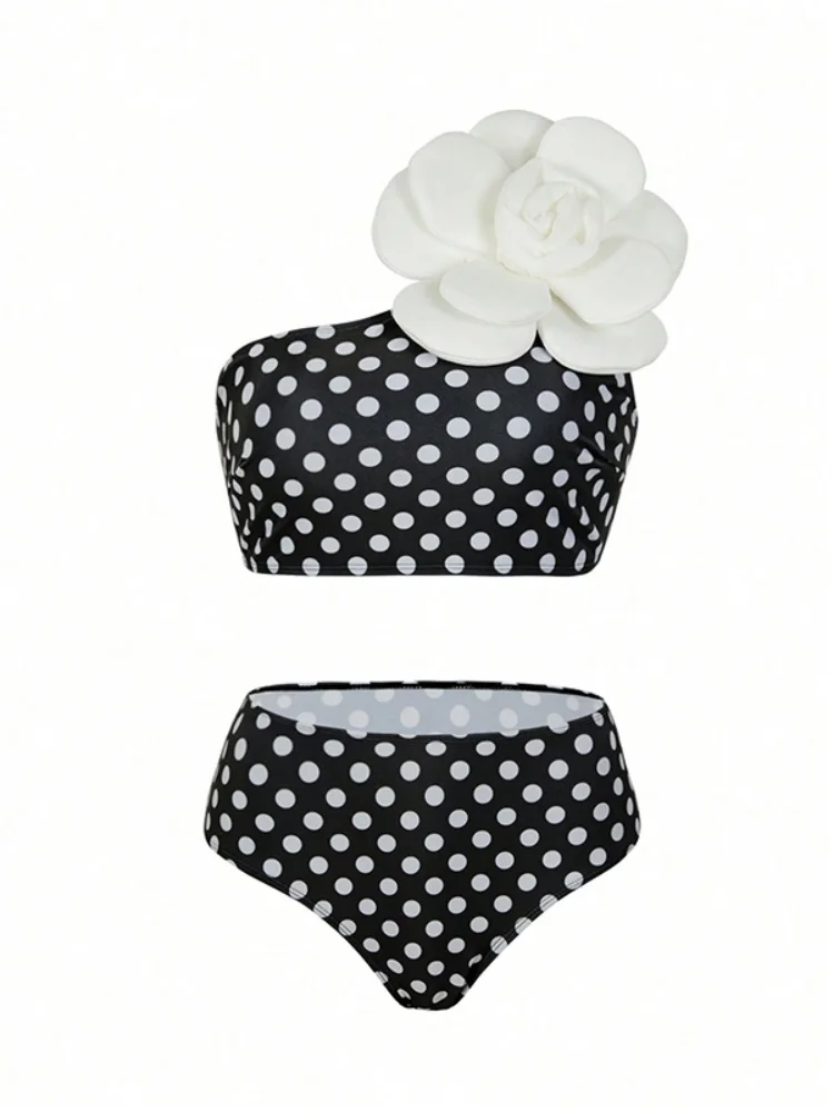 

Bikini Women Swimsuit 2025 New Dots One Shoulder Bikinis Set Sexy Rose Decoration Swimwear Summer Beachwear Bathing Suit Female