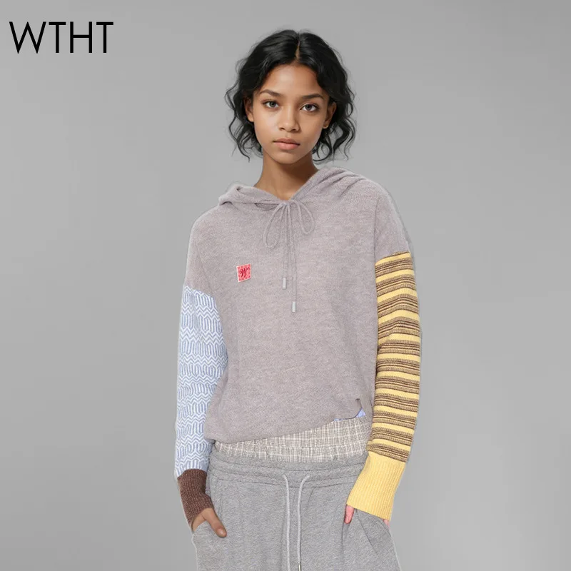 WTHT new trendy women's spliced long sleeves hooded sweatshirt 2024 winter fashion drawstring design loose tops female 1LS362