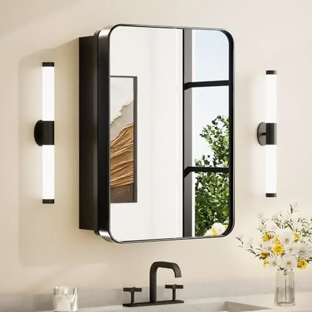 Black Stainless Steel Framed Bathroom Mirror Cabinet Medicine Cabinet with Shelves Recessed Waterproof HD Reflection Adjustable