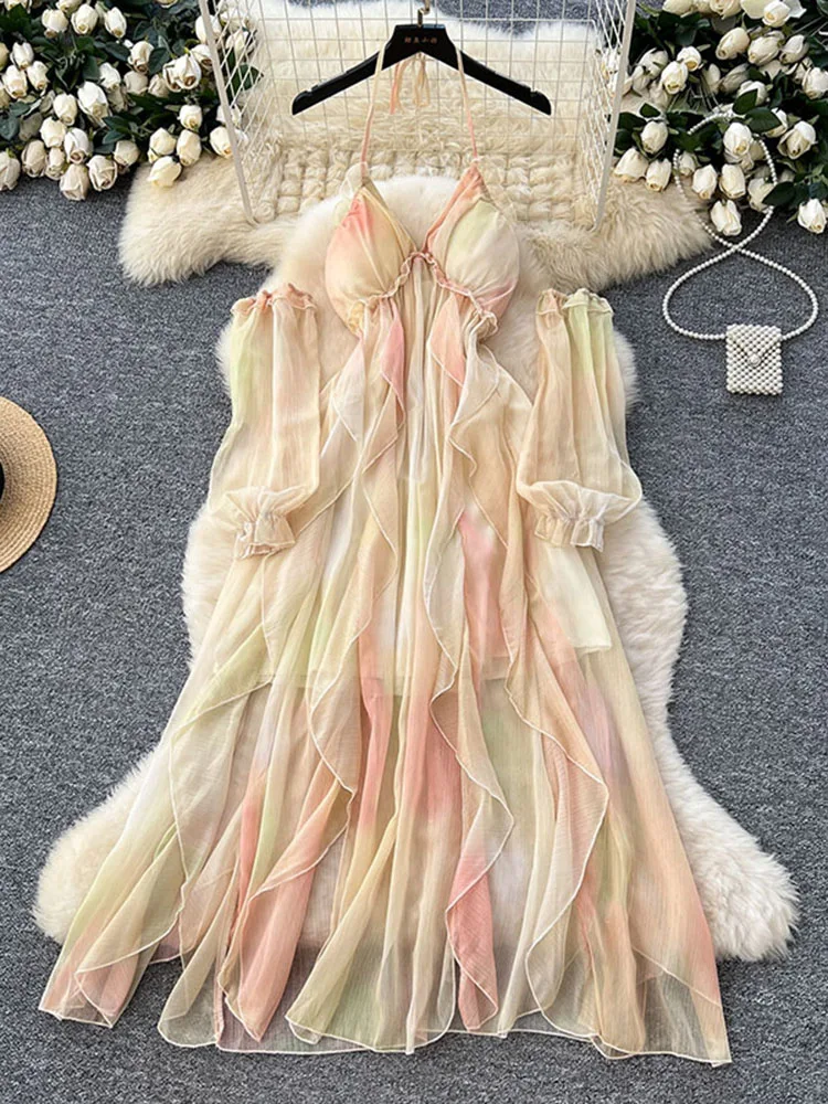 Sommerliches Dopamin-Urlaubskleid für Damen, Neues Modisches Sexy Neckholder-Trägerkleid aus Chiffon mit Ärmeln S402